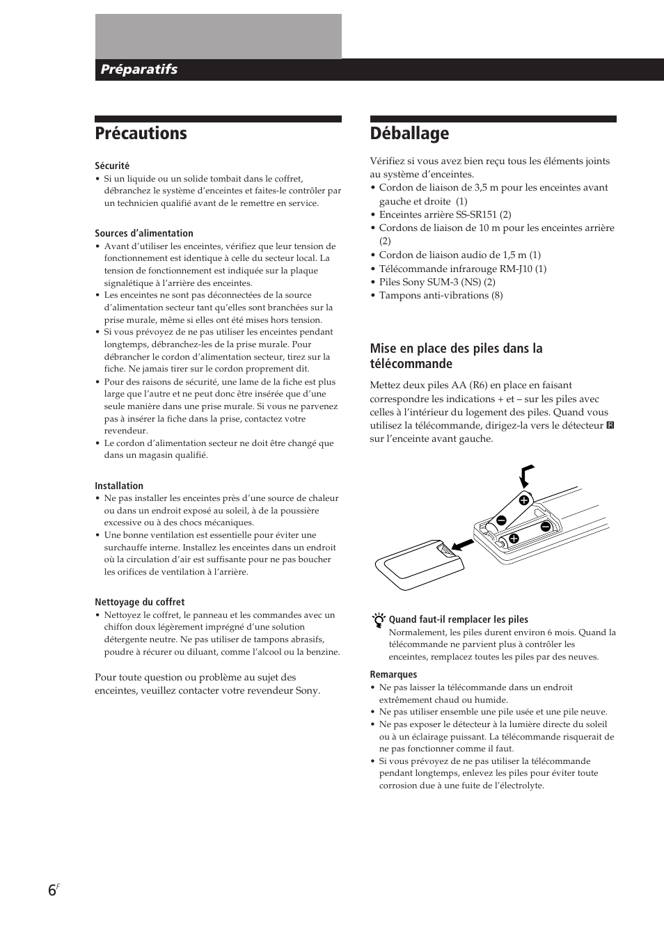 Précautions, Déballage, Préparatifs | Mise en place des piles dans la télécommande | Sony SA-VA10 User Manual | Page 20 / 123