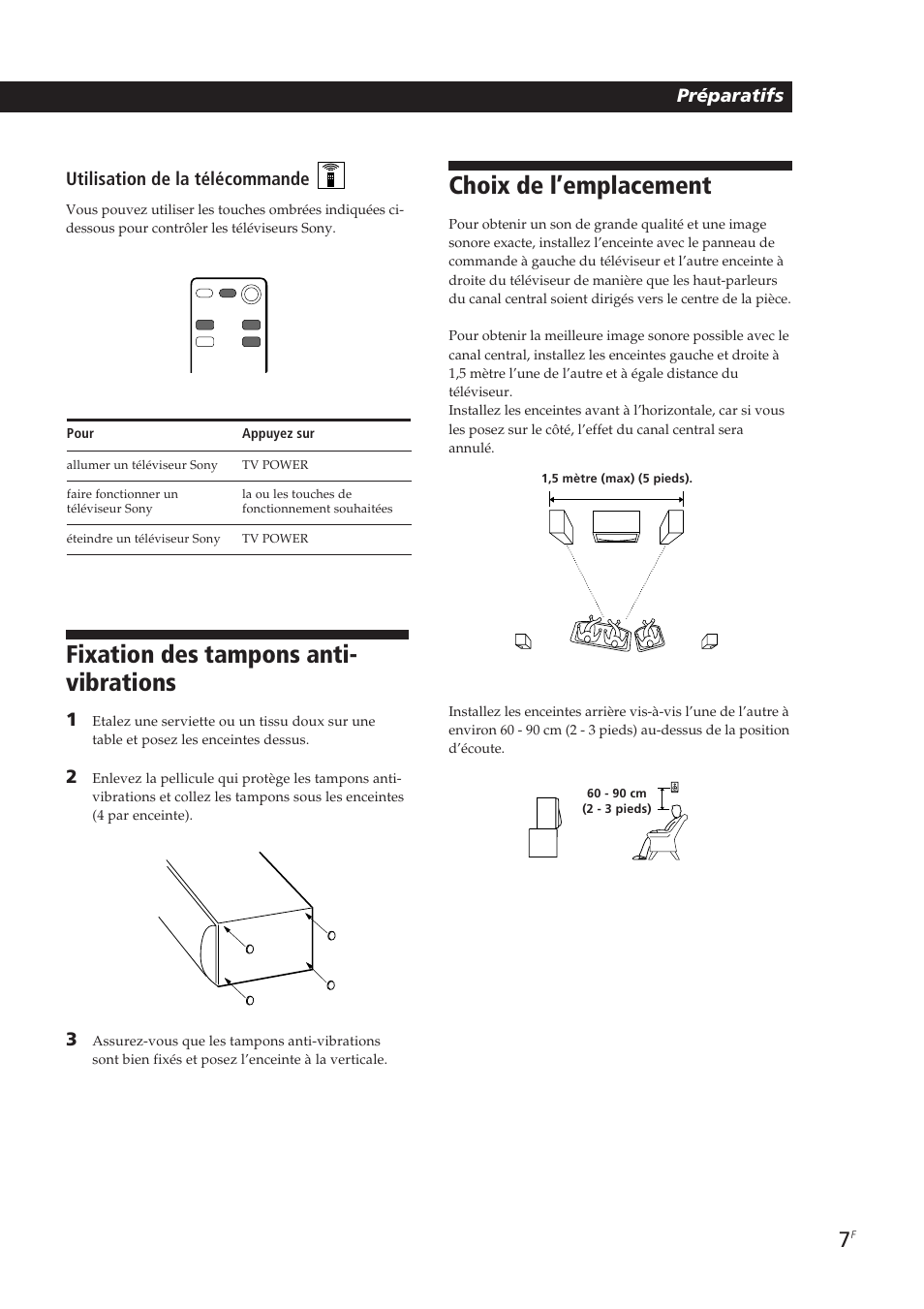 Choix de l’emplacement, Fixation des tampons anti- vibrations, Préparatifs | Utilisation de la télécommande | Sony SA-VA10 User Manual | Page 21 / 123
