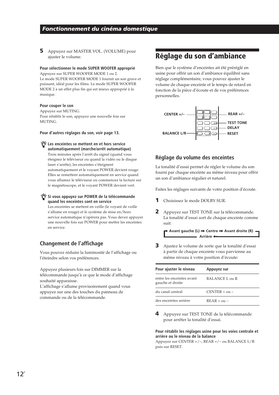 Réglage du son d’ambiance, Changement de l’affichage, Réglage du volume des enceintes | Fonctionnement du cinéma domestique | Sony SA-VA10 User Manual | Page 26 / 123