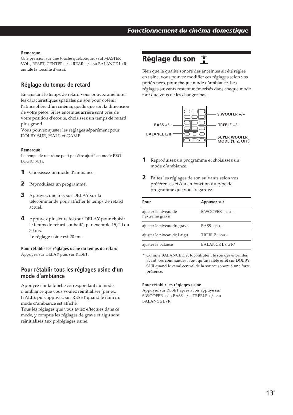 Réglage du son, Fonctionnement du cinéma domestique, Réglage du temps de retard | Sony SA-VA10 User Manual | Page 27 / 123