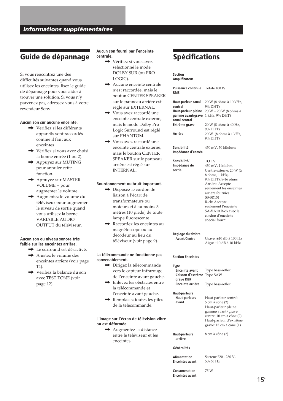 Guide de dépannage, Spécifications, Informations supplémentaires | Sony SA-VA10 User Manual | Page 29 / 123