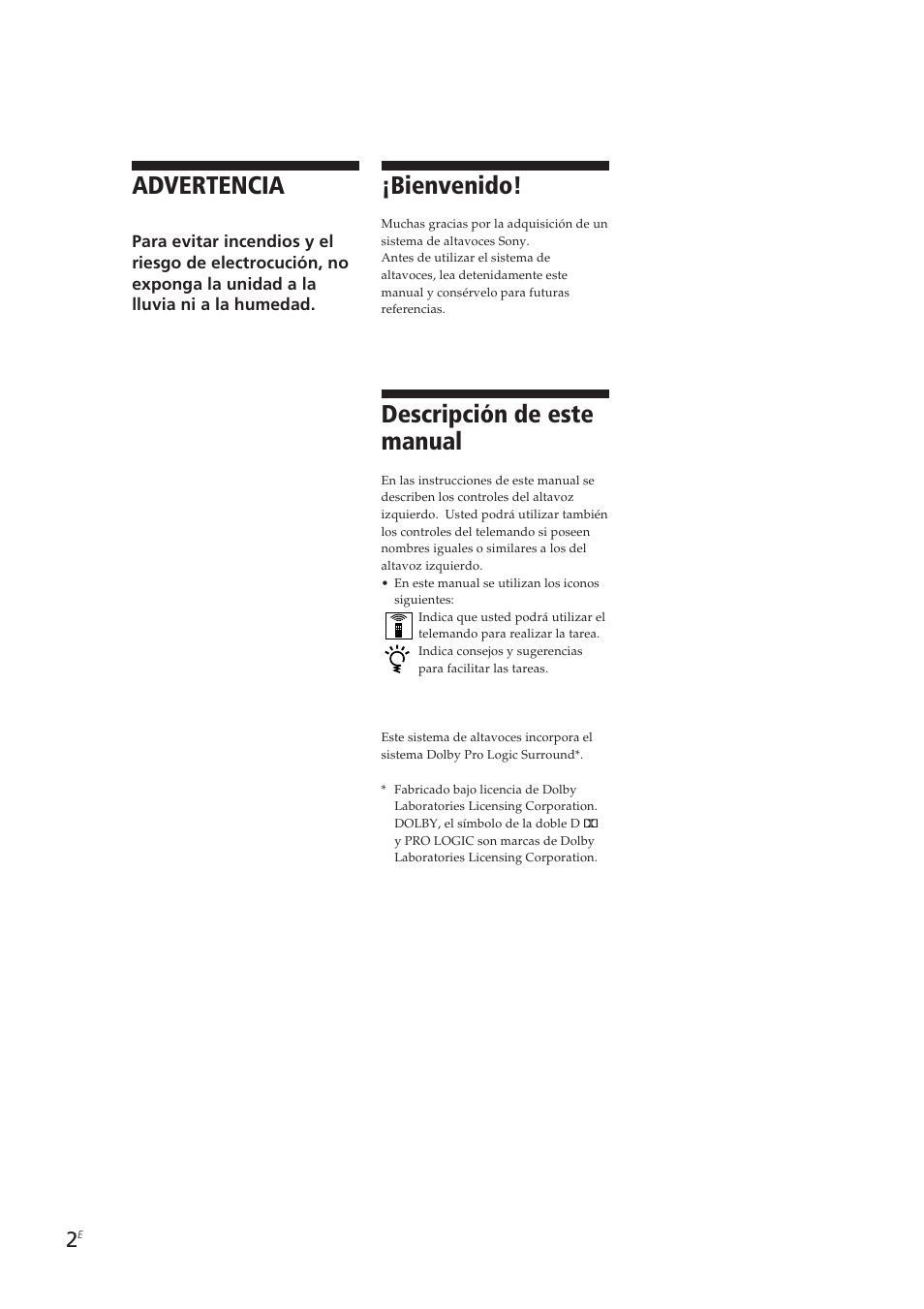 Bienvenido, Advertencia, Descripción de este manual | Sony SA-VA10 User Manual | Page 32 / 123