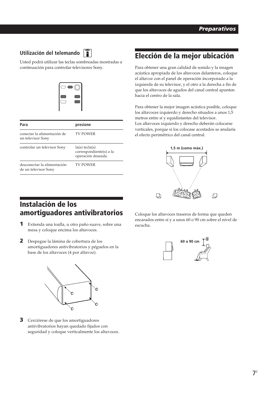 Elección de la mejor ubicación, Instalación de los amortiguadores antivibratorios, Preparativos | Utilización del telemando | Sony SA-VA10 User Manual | Page 37 / 123