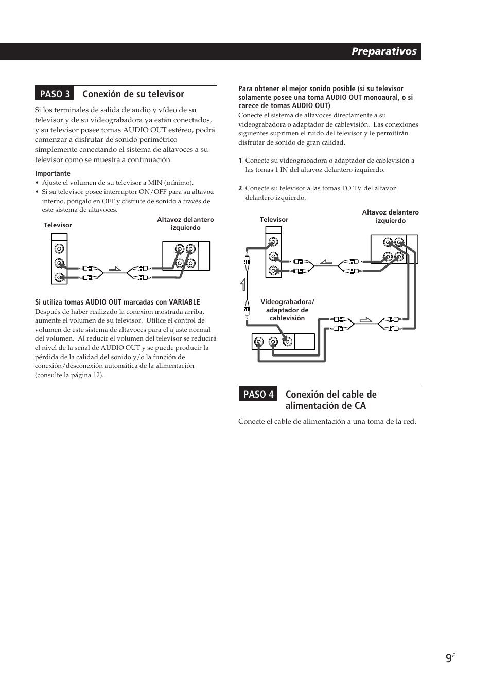 Preparativos, Paso 4 conexión del cable de alimentación de ca, Paso 3 conexión de su televisor | Si utiliza tomas audio out marcadas con variable | Sony SA-VA10 User Manual | Page 39 / 123
