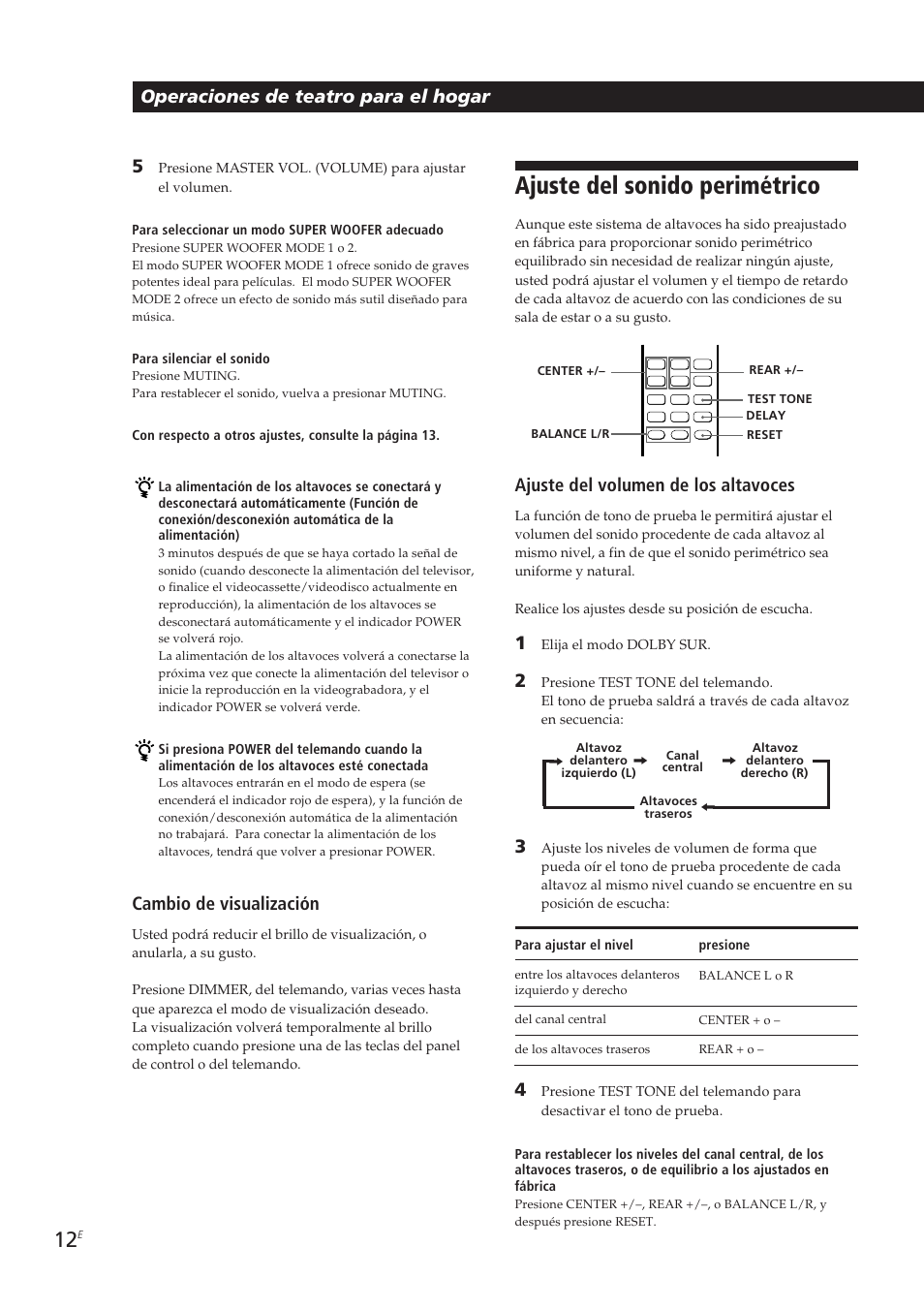 Ajuste del sonido perimétrico, Operaciones de teatro para el hogar 5, Cambio de visualización | Ajuste del volumen de los altavoces | Sony SA-VA10 User Manual | Page 42 / 123