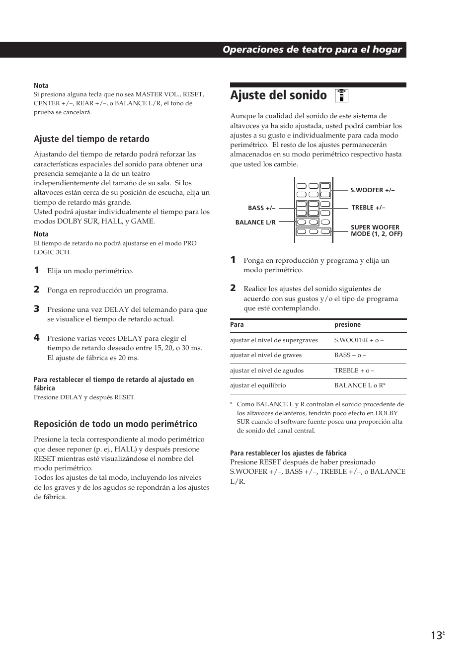Ajuste del sonido, Operaciones de teatro para el hogar, Ajuste del tiempo de retardo | Reposición de todo un modo perimétrico | Sony SA-VA10 User Manual | Page 43 / 123