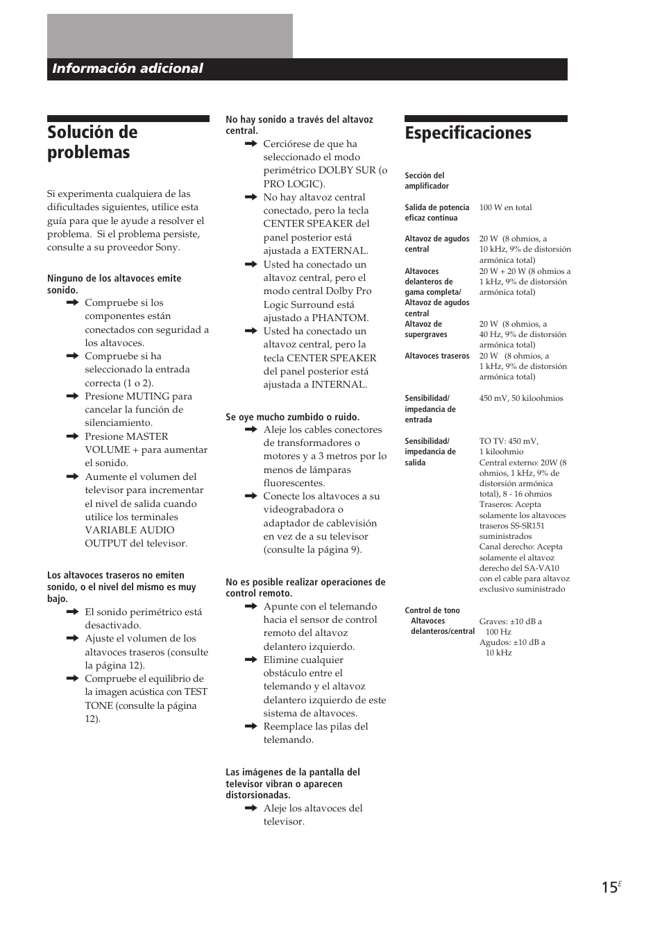 Solución de problemas, Especificaciones, Información adicional | Sony SA-VA10 User Manual | Page 45 / 123