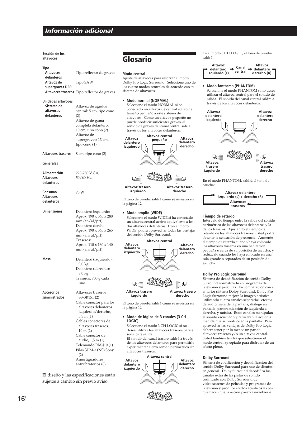 Glosario, Información adicional | Sony SA-VA10 User Manual | Page 46 / 123