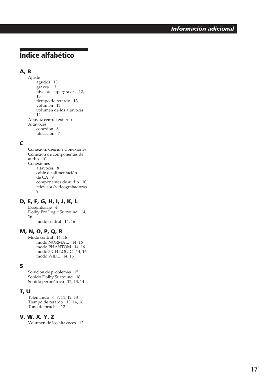 Índice alfabético | Sony SA-VA10 User Manual | Page 47 / 123