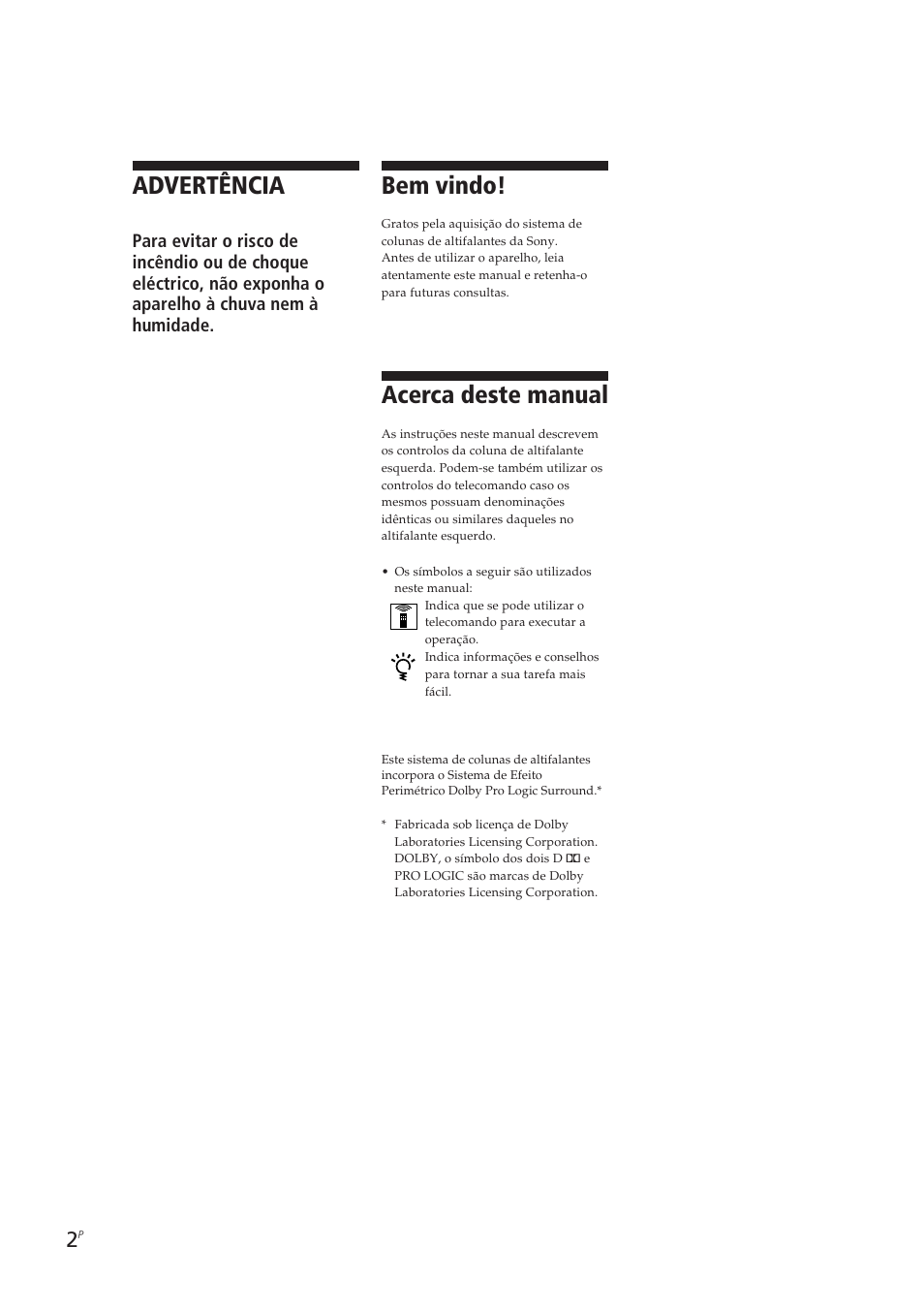 Advertência, Bem vindo, Acerca deste manual | Sony SA-VA10 User Manual | Page 48 / 123