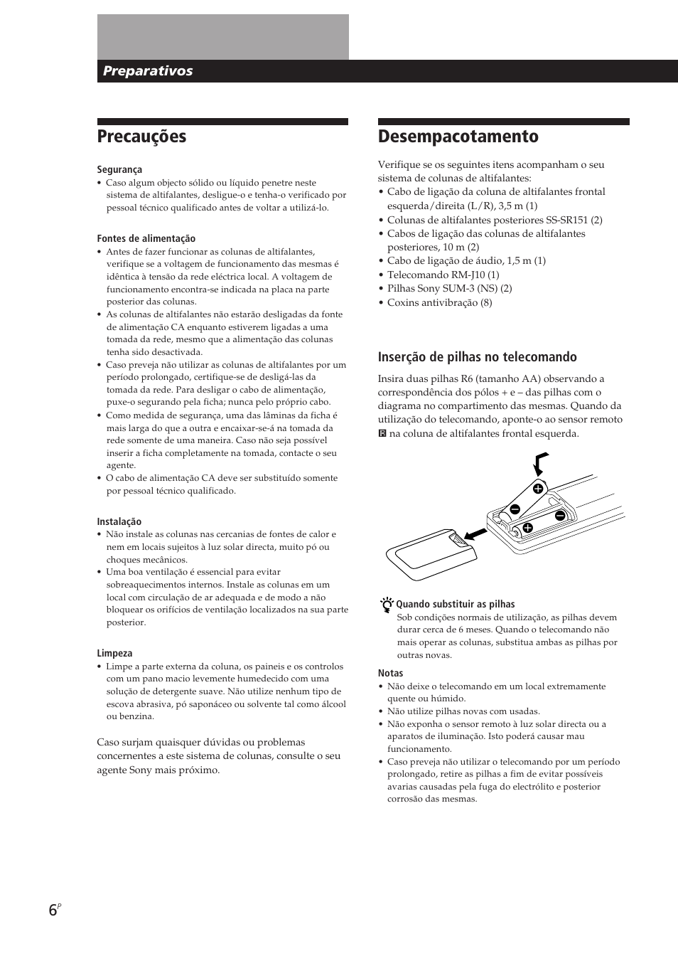 Desempacotamento, Precauções, Preparativos | Inserção de pilhas no telecomando | Sony SA-VA10 User Manual | Page 52 / 123