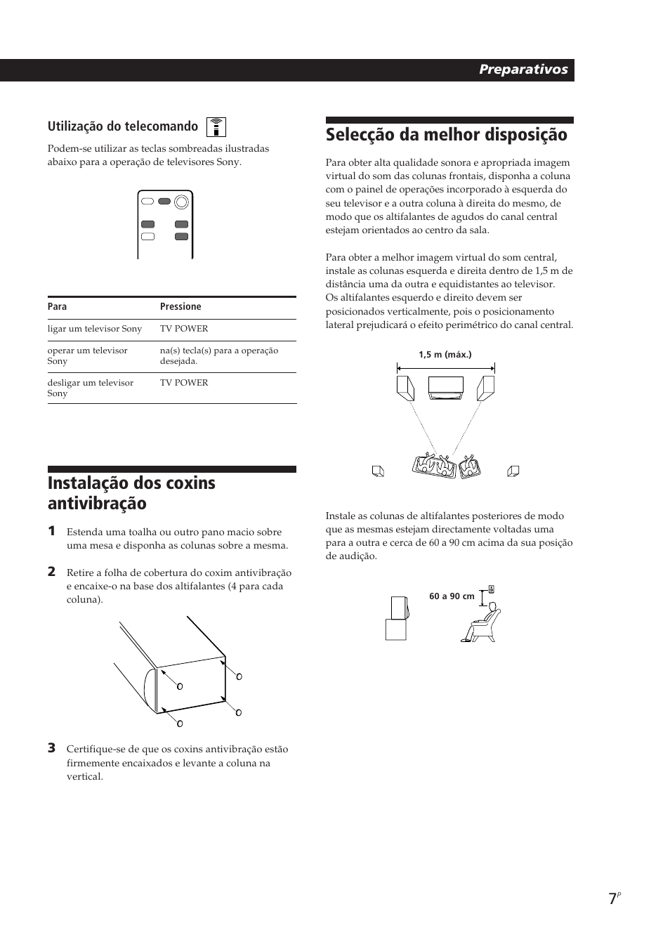 Selecção da melhor disposição, Instalação dos coxins antivibração, Preparativos | Utilização do telecomando | Sony SA-VA10 User Manual | Page 53 / 123
