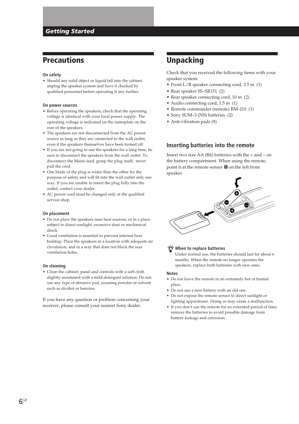 Unpacking, Precautions, Getting started | Inserting batteries into the remote | Sony SA-VA10 User Manual | Page 6 / 123