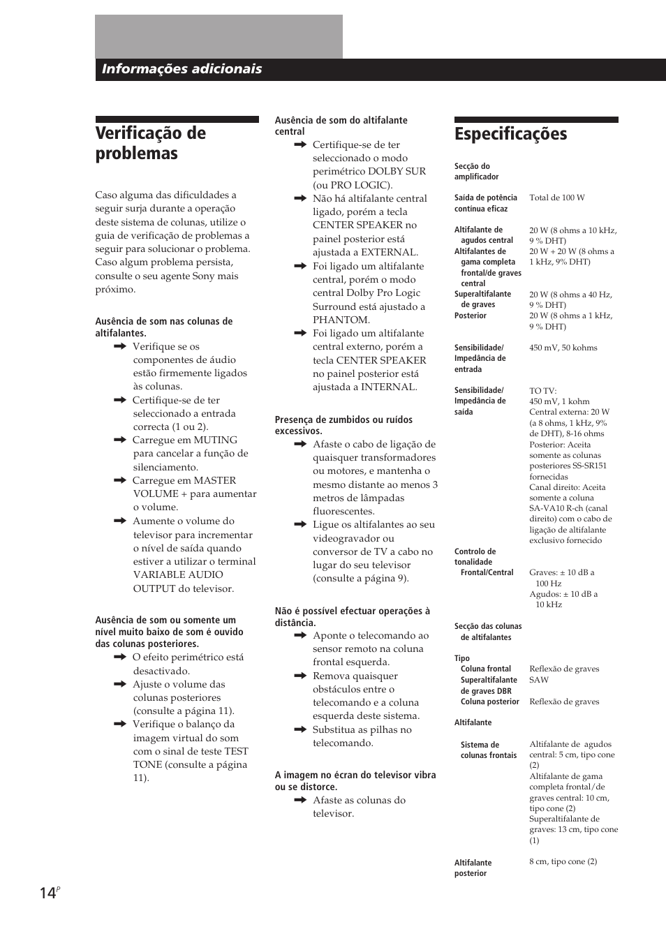 Verificação de problemas, Especificações, Informações adicionais | Sony SA-VA10 User Manual | Page 60 / 123