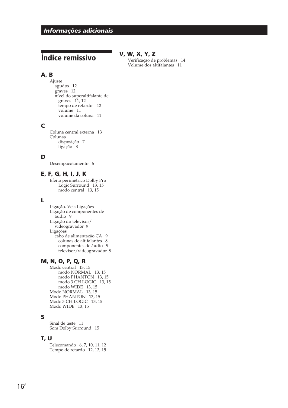 Índice remissivo | Sony SA-VA10 User Manual | Page 62 / 123