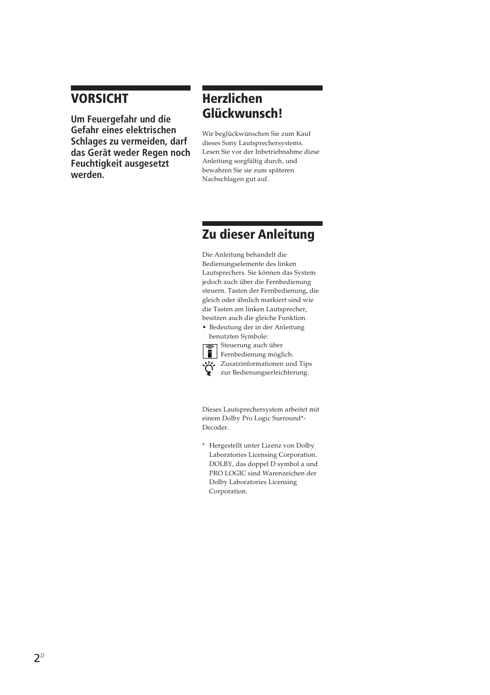 Vorsicht, Herzlichen glückwunsch, Zu dieser anleitung | Sony SA-VA10 User Manual | Page 63 / 123