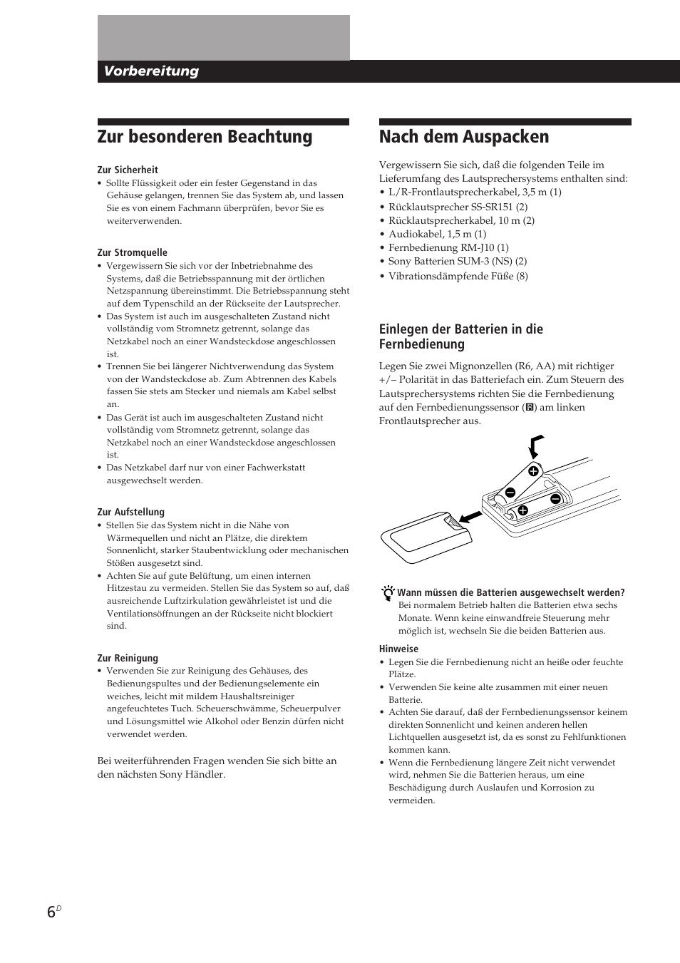 Nach dem auspacken, Zur besonderen beachtung, Vorbereitung | Einlegen der batterien in die fernbedienung | Sony SA-VA10 User Manual | Page 67 / 123