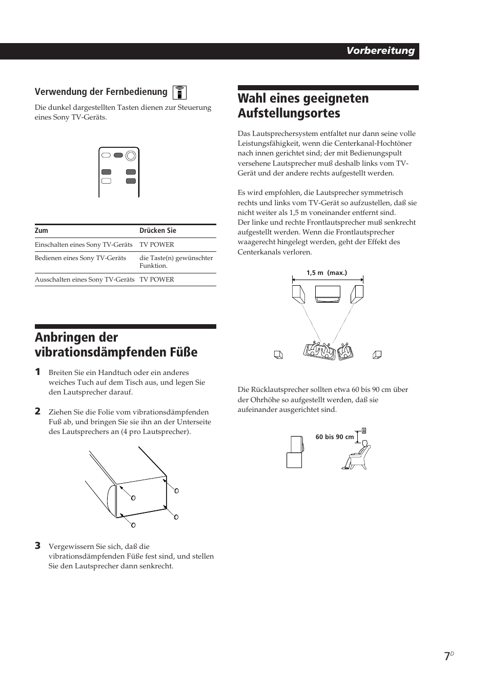 Anbringen der vibrationsdämpfenden füße, Wahl eines geeigneten aufstellungsortes, Vorbereitung | Verwendung der fernbedienung | Sony SA-VA10 User Manual | Page 68 / 123