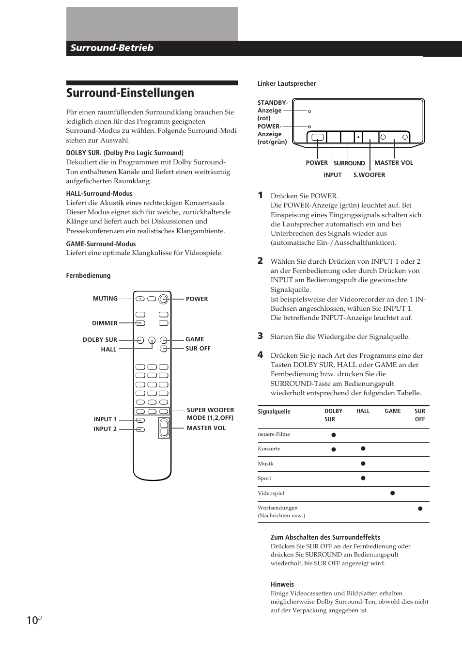 Surround-einstellungen, Surround-betrieb | Sony SA-VA10 User Manual | Page 71 / 123
