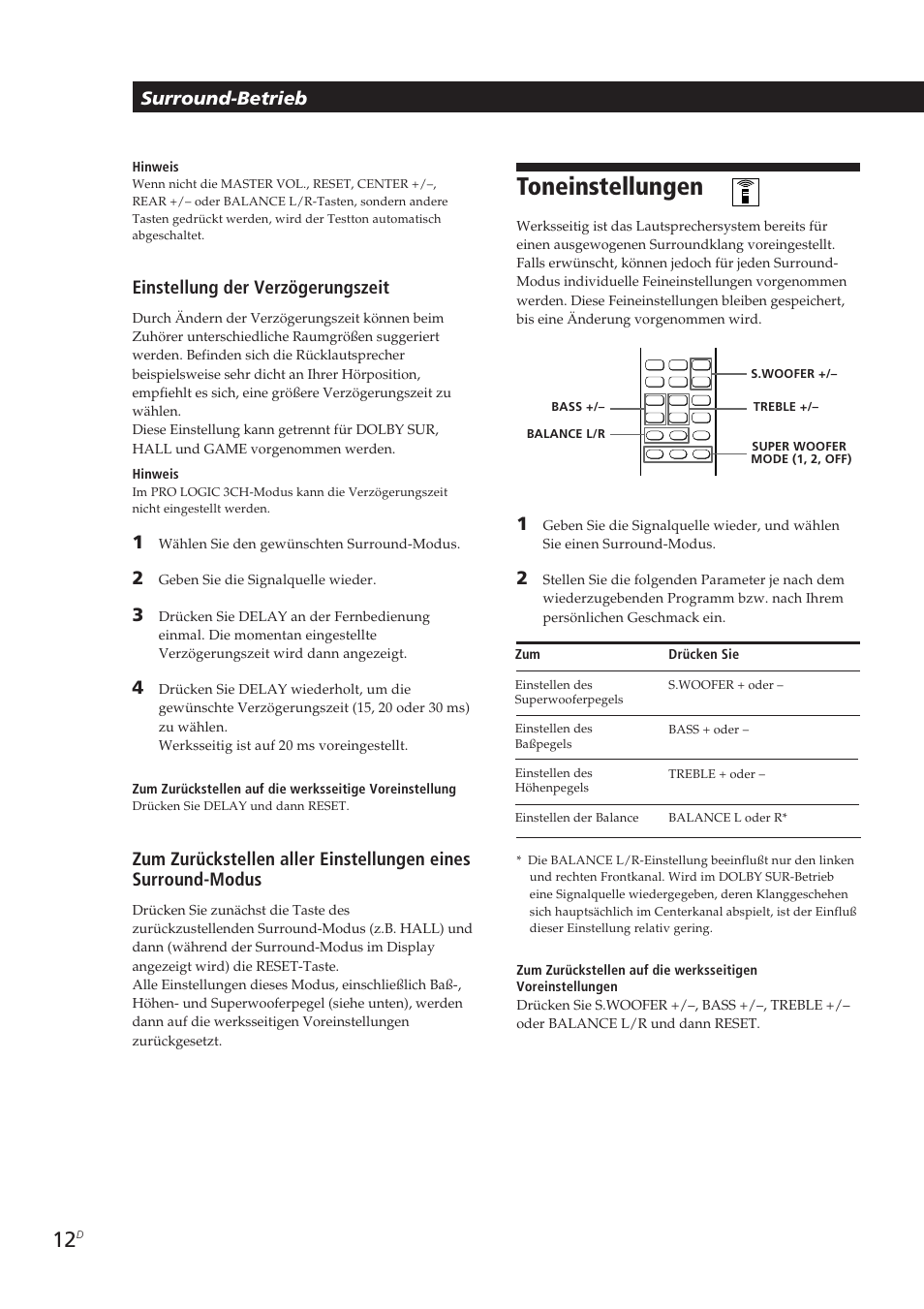 Toneinstellungen, Einstellung der verzögerungszeit, Surround-betrieb | Sony SA-VA10 User Manual | Page 73 / 123