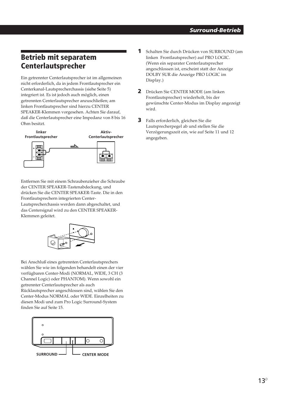 Betrieb mit separatem centerlautsprecher, Surround-betrieb | Sony SA-VA10 User Manual | Page 74 / 123