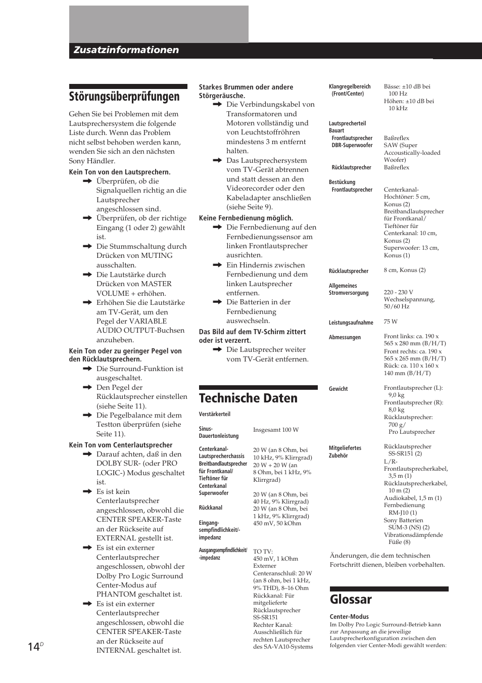 Störungsüberprüfungen, Technische daten, Glossar | Zusatzinformationen | Sony SA-VA10 User Manual | Page 75 / 123