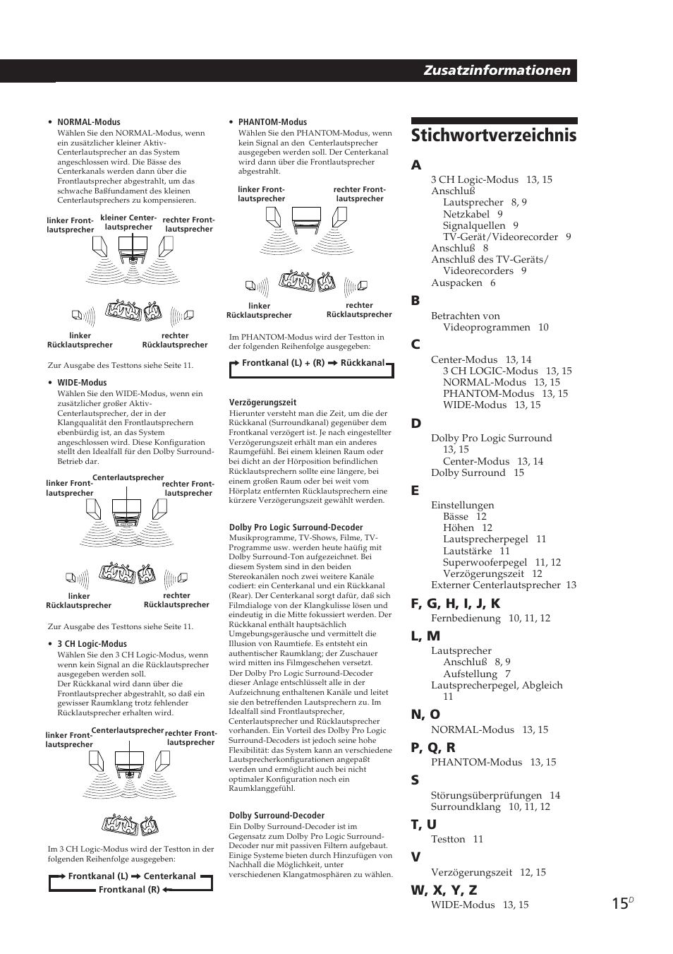 Stichwortverzeichnis, Zusatzinformationen, F, g, h, i, j, k | L, m, N, o, P, q, r, T, u, W, x, y, z | Sony SA-VA10 User Manual | Page 76 / 123