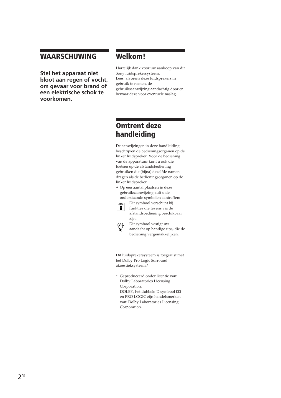 Welkom, Waarschuwing, Omtrent deze handleiding | Sony SA-VA10 User Manual | Page 77 / 123