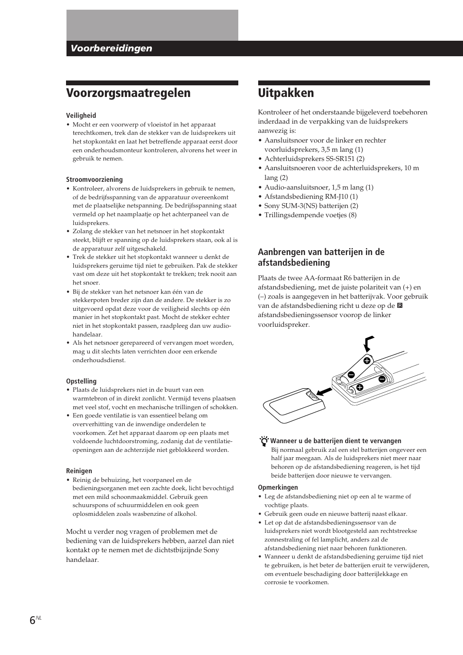 Voorzorgsmaatregelen, Uitpakken, Voorbereidingen | Aanbrengen van batterijen in de afstandsbediening | Sony SA-VA10 User Manual | Page 81 / 123