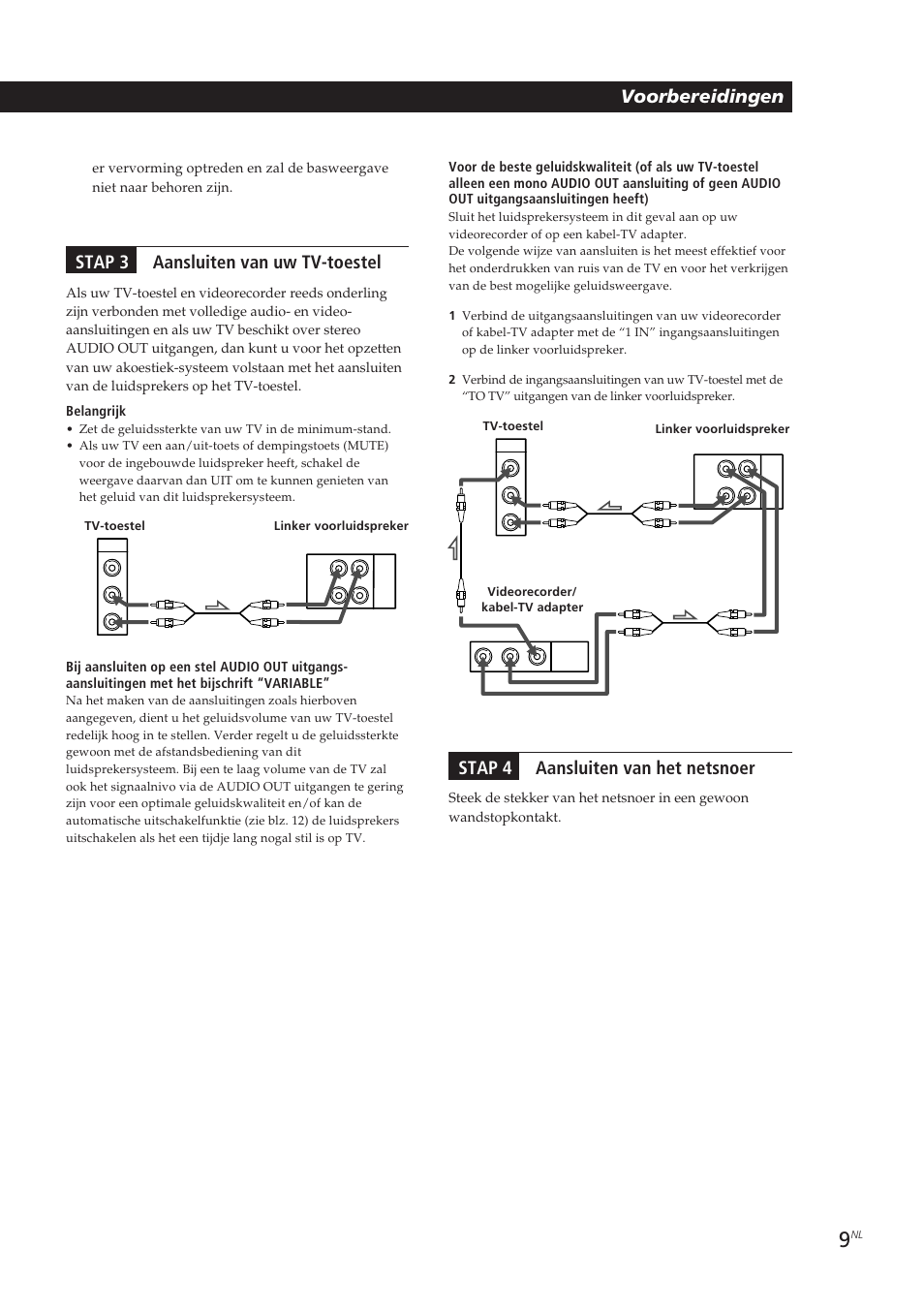 Stap 4 aansluiten van het netsnoer, Voorbereidingen, Stap 3 aansluiten van uw tv-toestel | Sony SA-VA10 User Manual | Page 84 / 123