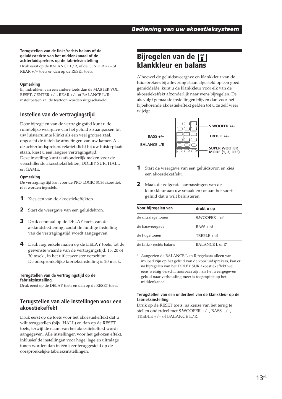 Bijregelen van de klankkleur en balans, Instellen van de vertragingstijd, Bediening van uw akoestieksysteem | Sony SA-VA10 User Manual | Page 88 / 123