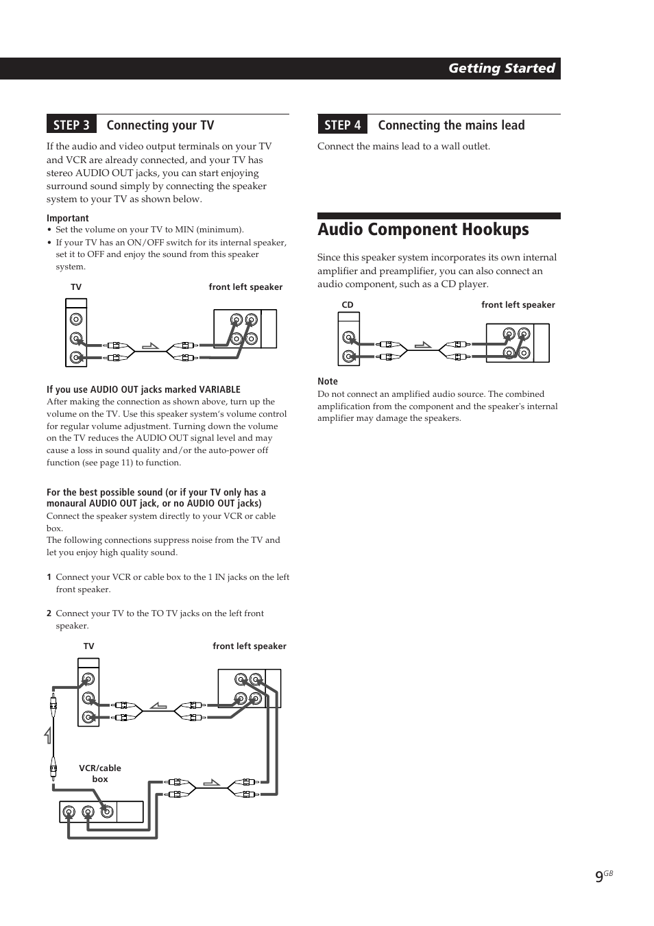 Audio component hookups, Getting started, Step 3 connecting your tv | Step 4 connecting the mains lead, If you use audio out jacks marked variable, Connect the mains lead to a wall outlet | Sony SA-VA10 User Manual | Page 9 / 123