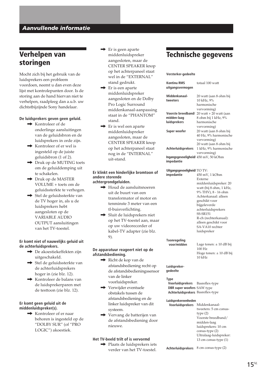 Verhelpen van storingen, Technische gegevens, Aanvullende informatie | Sony SA-VA10 User Manual | Page 90 / 123
