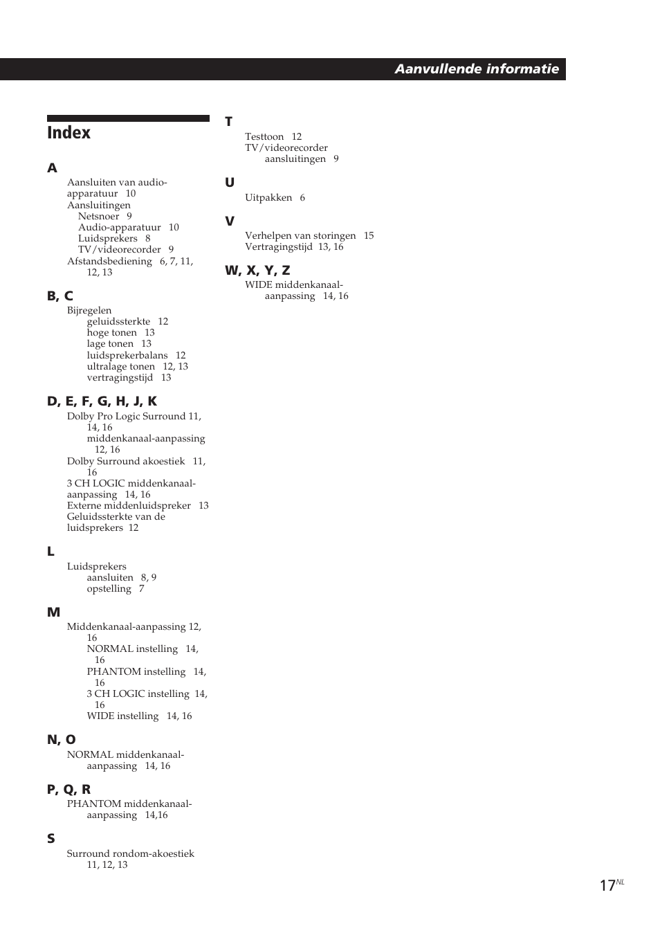 Index | Sony SA-VA10 User Manual | Page 92 / 123