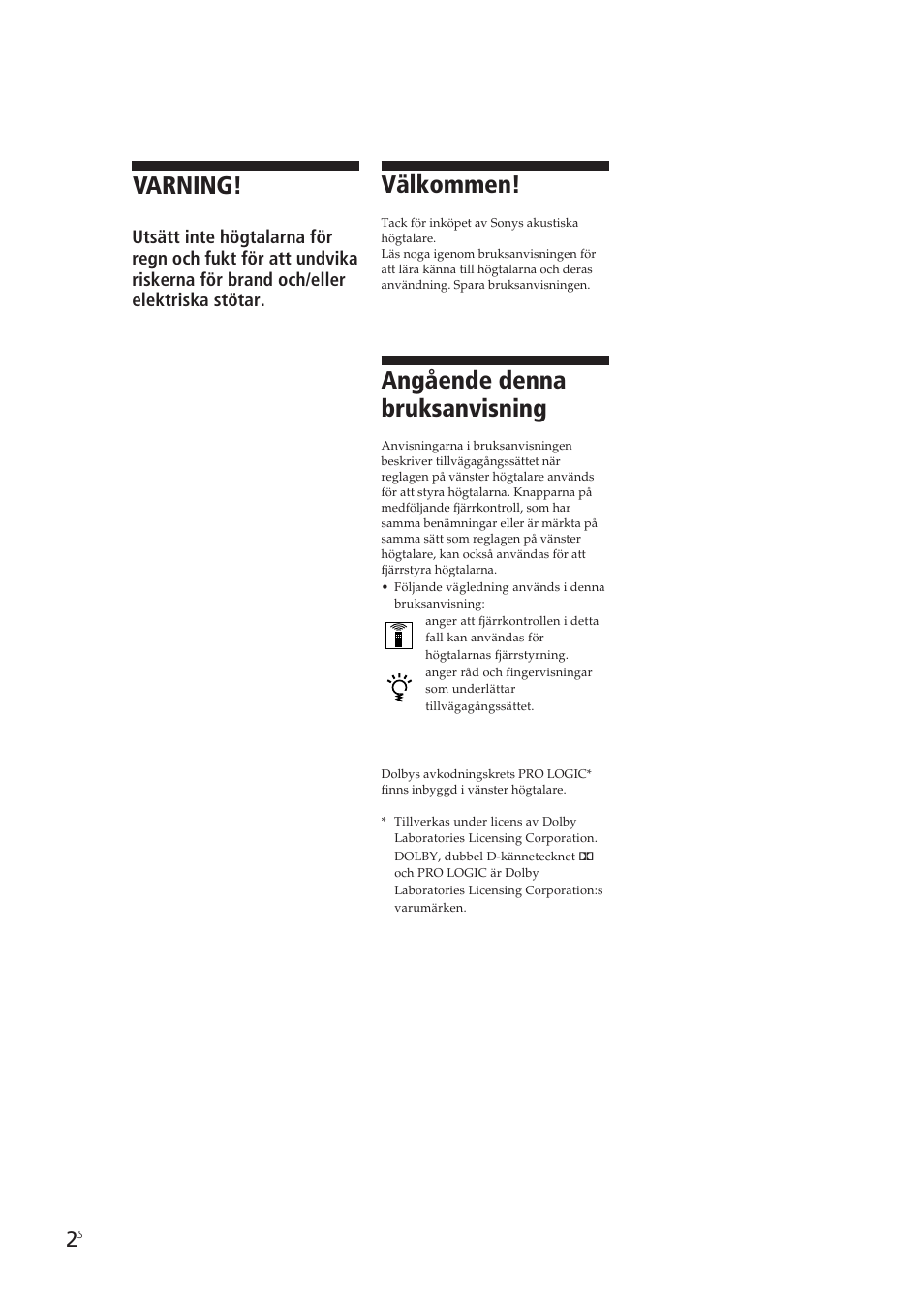 Varning, Välkommen, Angående denna bruksanvisning | Sony SA-VA10 User Manual | Page 93 / 123
