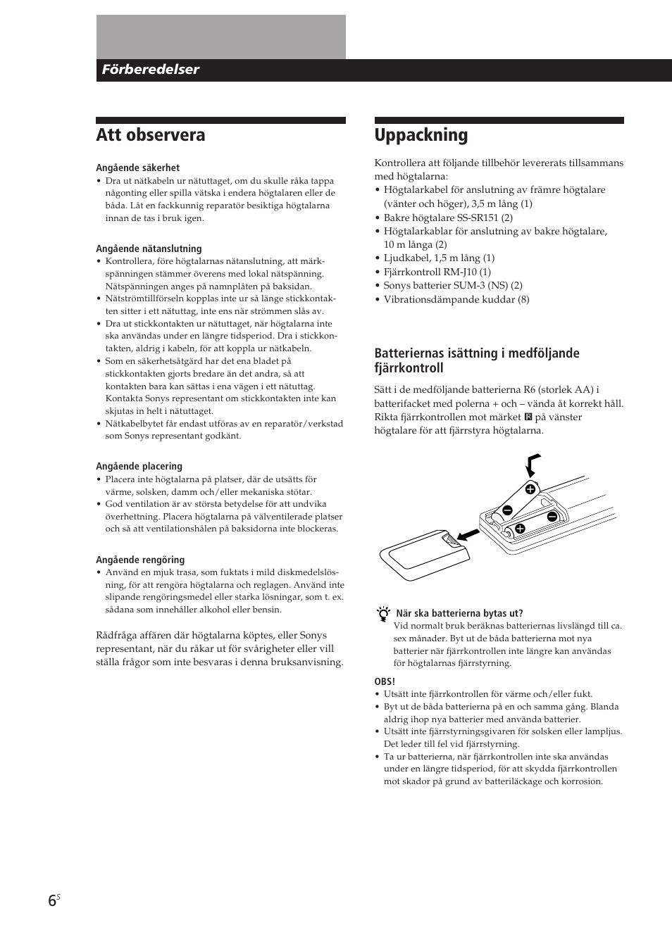 Uppackning, Att observera, Förberedelser | Batteriernas isättning i medföljande fjärrkontroll | Sony SA-VA10 User Manual | Page 97 / 123