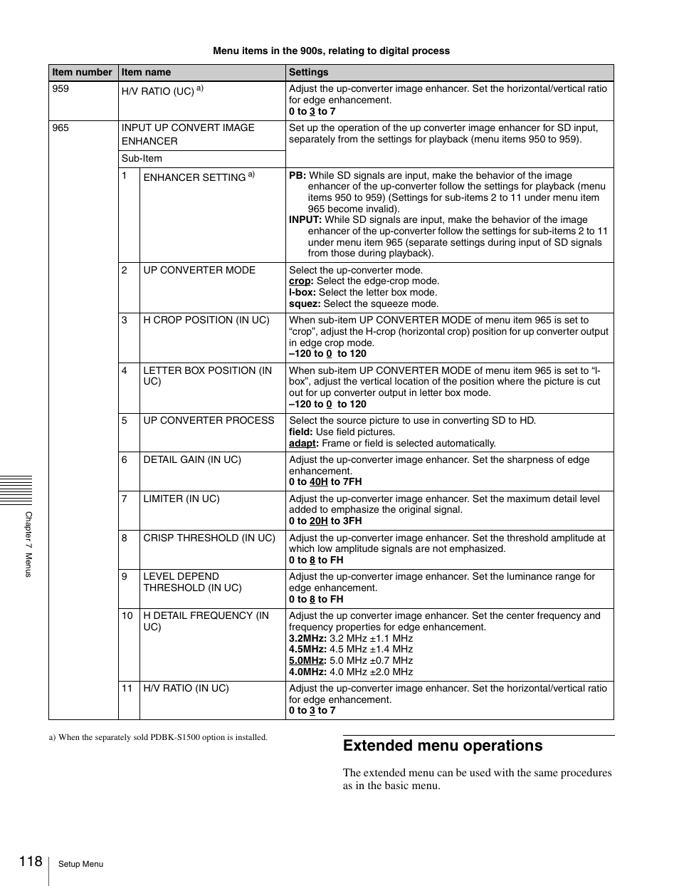 Extended menu operations | Sony XDCAM HD PDW-HD1500 User Manual | Page 118 / 158