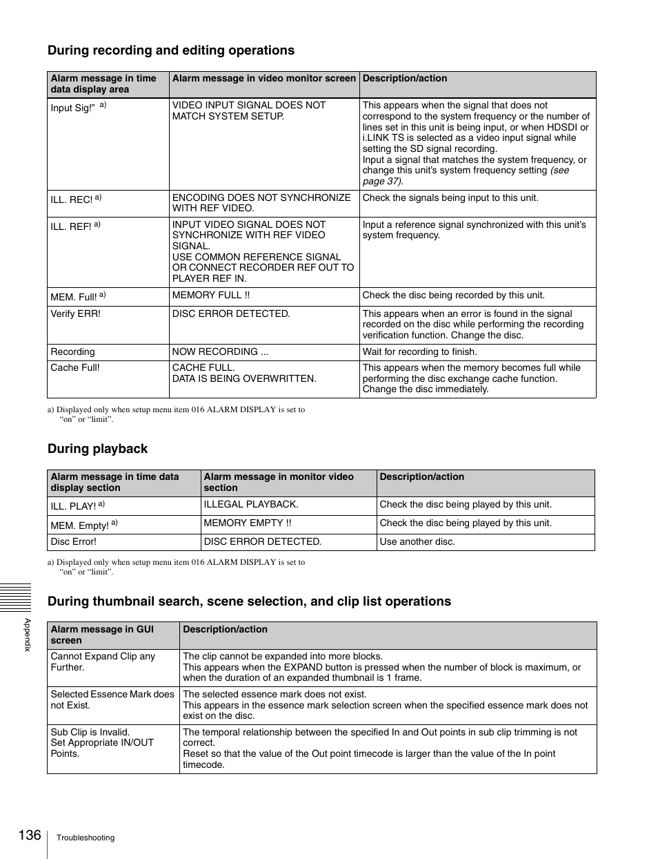 During recording and editing operations, During playback | Sony XDCAM HD PDW-HD1500 User Manual | Page 136 / 158