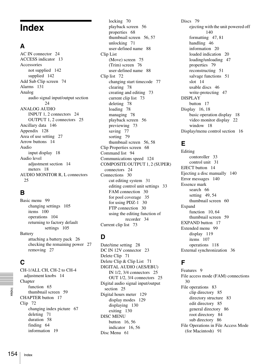 Index | Sony XDCAM HD PDW-HD1500 User Manual | Page 154 / 158