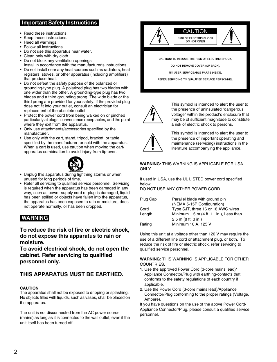 Important safety instructions warning | Sony XDCAM HD PDW-HD1500 User Manual | Page 2 / 158