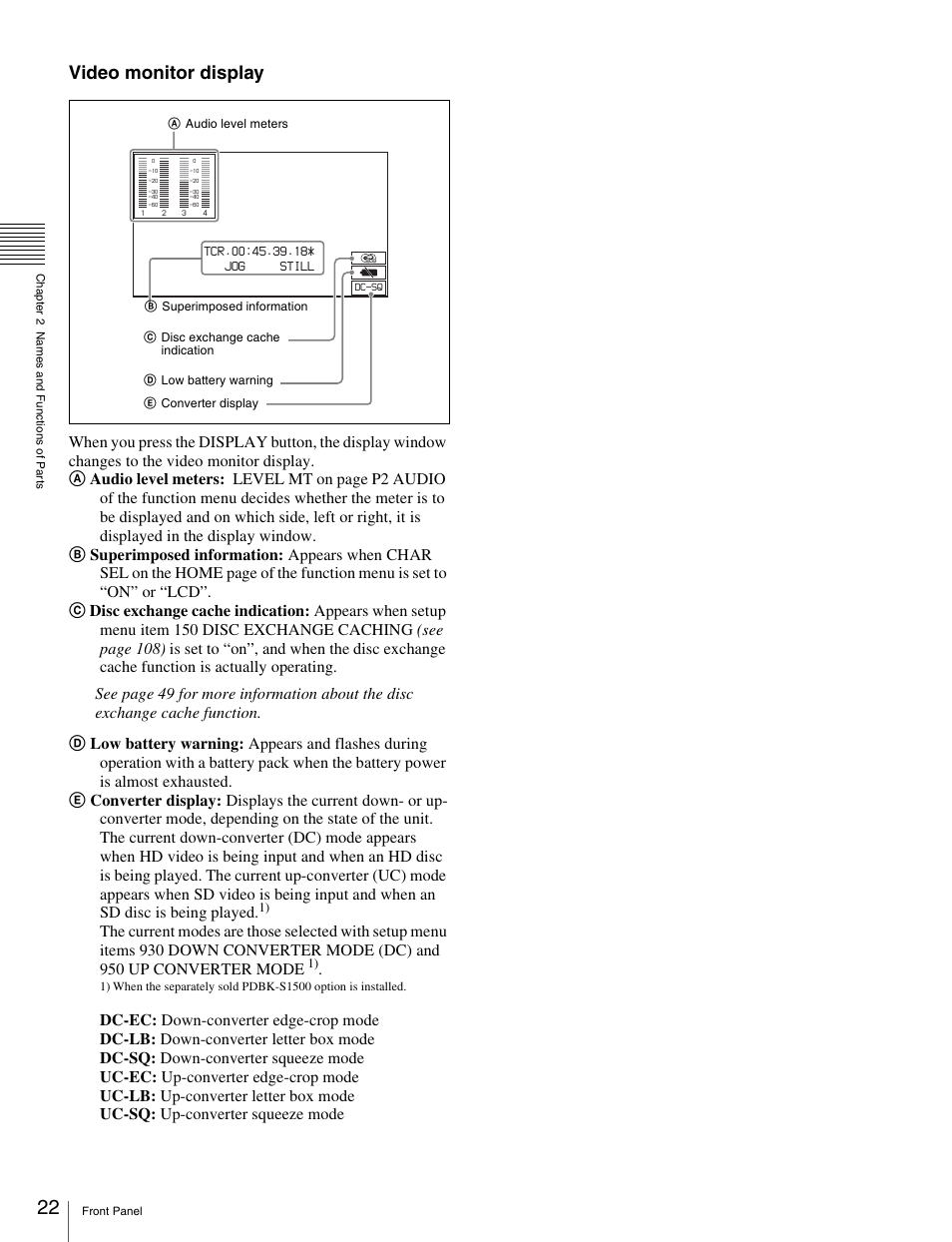 Video monitor display | Sony XDCAM HD PDW-HD1500 User Manual | Page 22 / 158