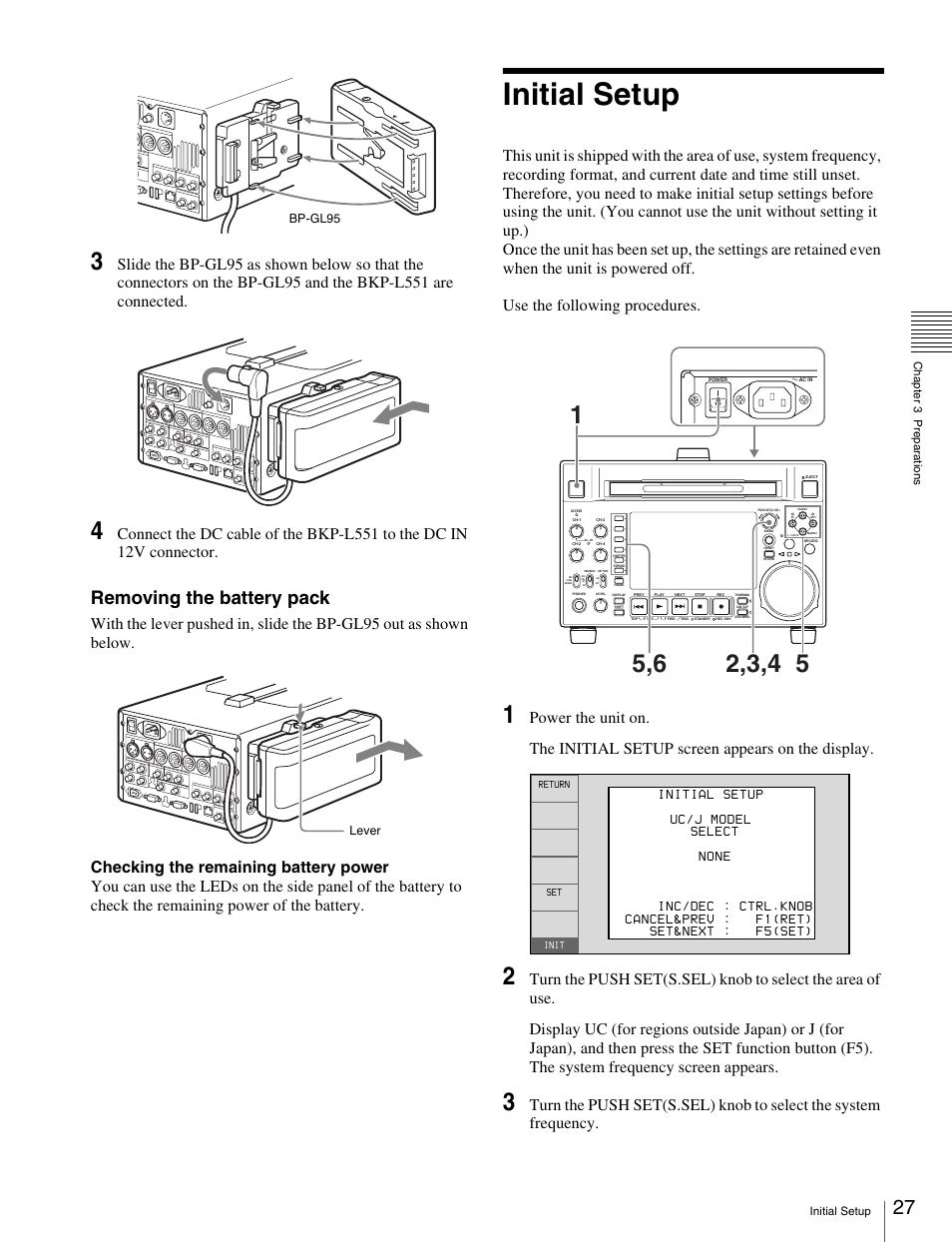 Initial setup, Removing the battery pack | Sony XDCAM HD PDW-HD1500 User Manual | Page 27 / 158