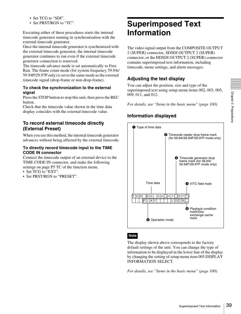 Superimposed text information, Adjusting the text display, Information displayed | Sony XDCAM HD PDW-HD1500 User Manual | Page 39 / 158