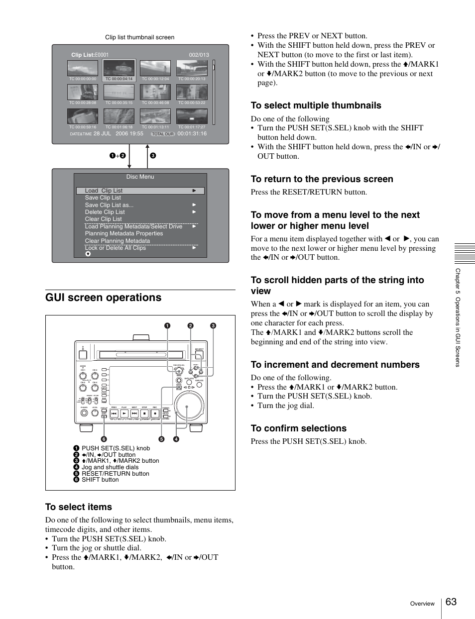 Gui screen operations, Press the reset/return button, Press the push set(s.sel) knob | Sony XDCAM HD PDW-HD1500 User Manual | Page 63 / 158