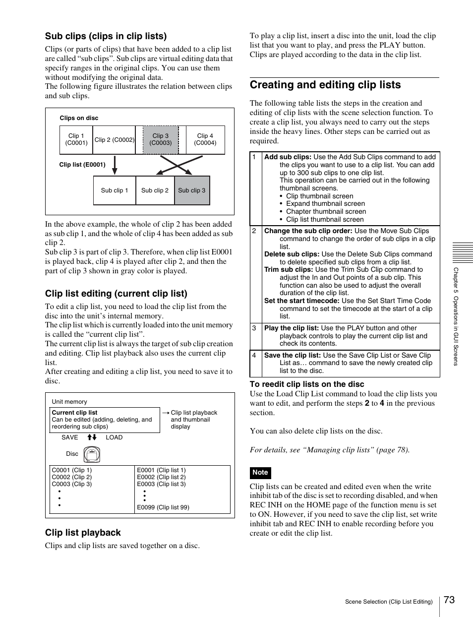 Creating and editing clip lists, Sub clips (clips in clip lists), Clip list editing (current clip list) | Clip list playback | Sony XDCAM HD PDW-HD1500 User Manual | Page 73 / 158