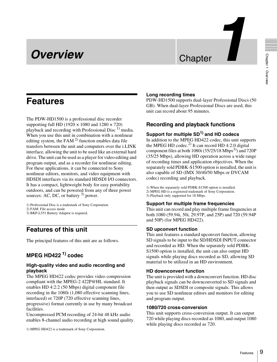 Chapter 1 overview, Features, Features of this unit | Overview, Chapter | Sony XDCAM HD PDW-HD1500 User Manual | Page 9 / 158