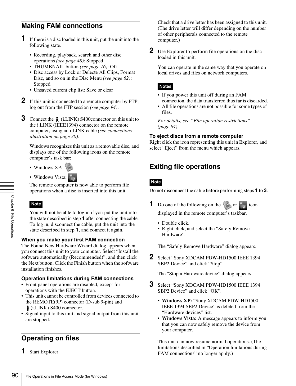 Making fam connections, Operating on files, Exiting file operations | Sony XDCAM HD PDW-HD1500 User Manual | Page 90 / 158