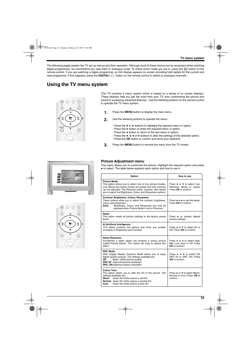 Using the tv menu system, Picture adjustment menu | Sony KD-32DX150U User Manual | Page 25 / 40