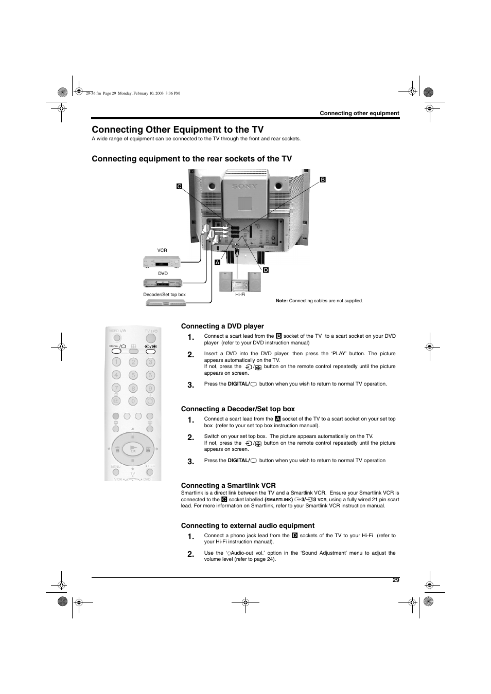 Connecting other equipment to the tv, Connecting equipment to the rear sockets of the tv | Sony KD-32DX150U User Manual | Page 31 / 40