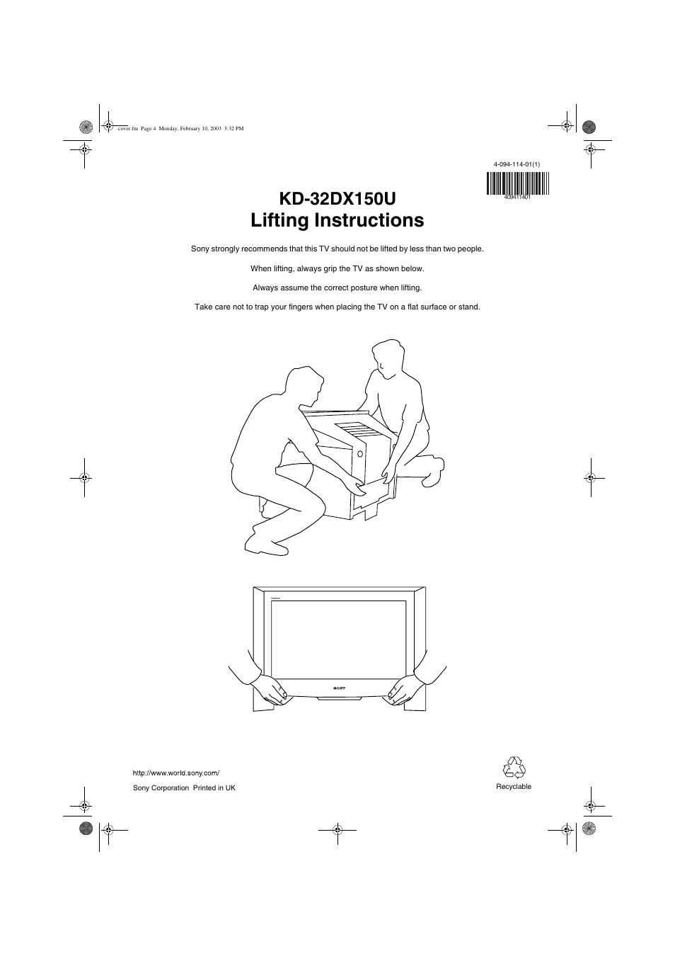 Lifting instructions | Sony KD-32DX150U User Manual | Page 40 / 40